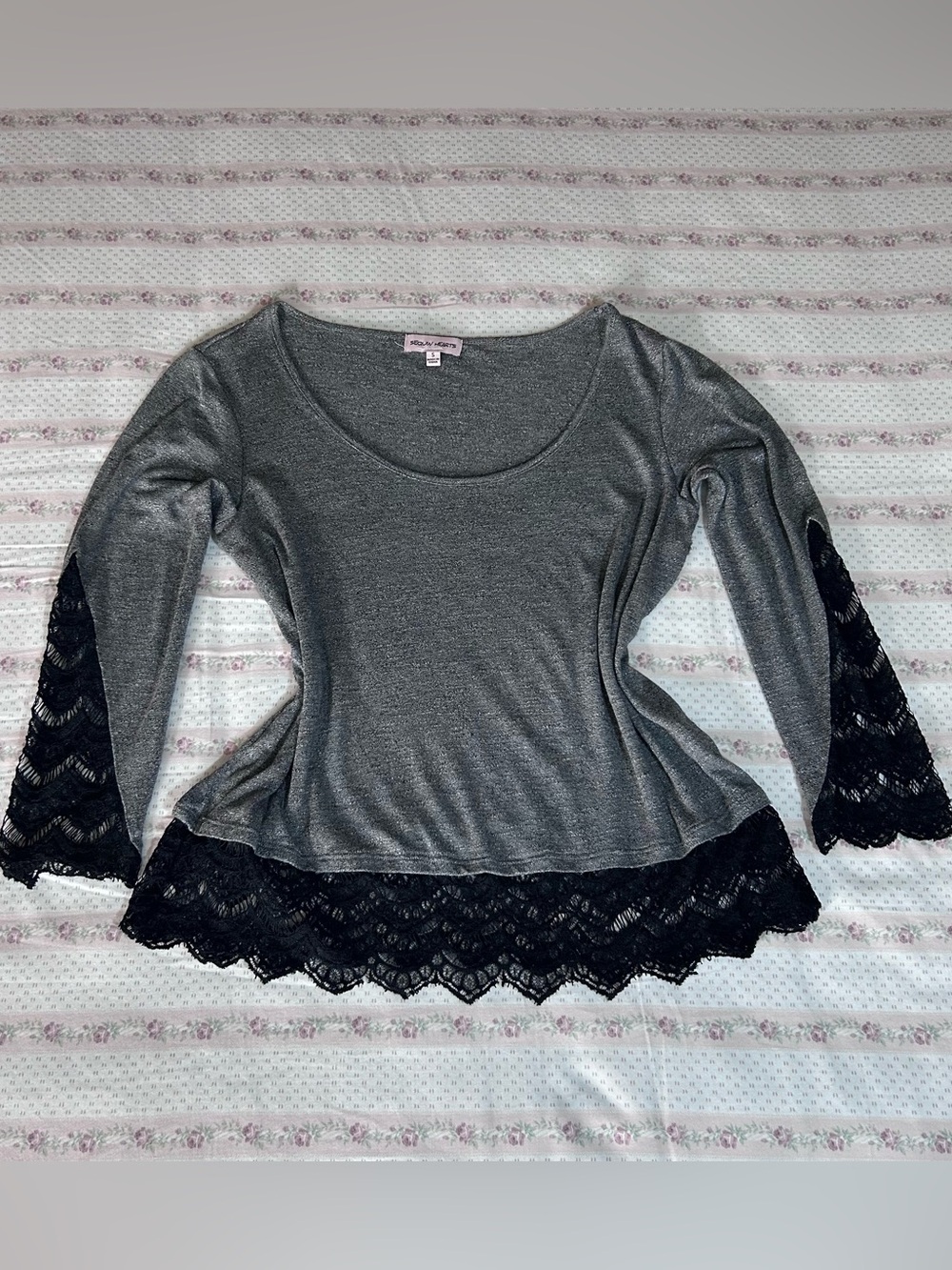 Sequin Hearts Silver Scoop Neck Long Sleeve Top with Black Lace